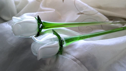 Lot 2 Hand Blown Glass White Roses 19" Stem Murano Style Flowers Vintage