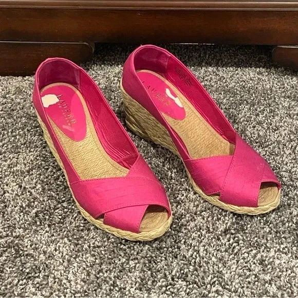 Alpargatas Ralph Lauren Cecilia Rosa Peep Toe Cuña Talla 7B Foto 3 de 4