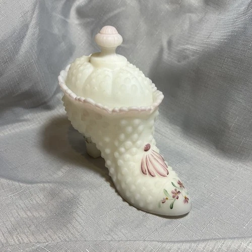 Vintage Fenton Milkglass Victorian Shoe Lidded Dish Signed T Watson
