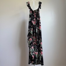 Privy Boho Beachy Floral Smocked Ruffle High Low Maxi Dress Small Black