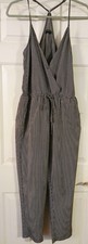Storia Women's Black Striped Spaghetti Strap Faux Wrap Jumpsuit Size Small