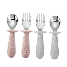 4 Set Baby Toddler Silicone Stainless Steel Utensils Silverware Pink Grey