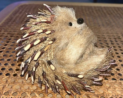 Hedgehog Natural Grass Fiber Twig Wood Brown W/ Baby Table Top Piece