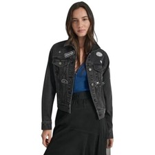 DKNY Women's Pins Patches Button-Front Denim Jacket in Bowery Wash