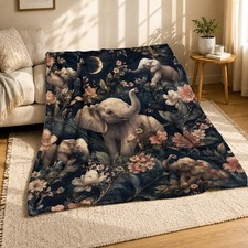 Moonlit Baby Elephant Floral Coral Fleece Blanket Nursery Decor