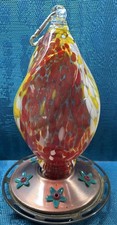 Hand Blown Art Glass Hummingbird Feeder Red Yellow Copper Base Outdoor