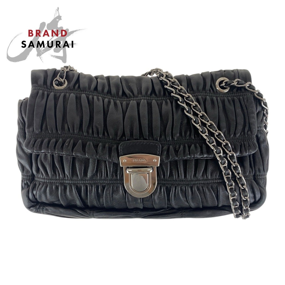 RARE PRADA PRADA Black Silver Hardware Leather Crossbody Chain Shoulder Bag Gath