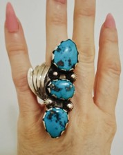Sterling Silver 2-3/4" Native American 3-Stone TURQUOISE Ring--Sz 6