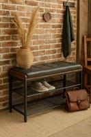 Rustikale Schuhbank Mit Polster – Flurbank Aus Metall & Holz Im Vintage-Stil