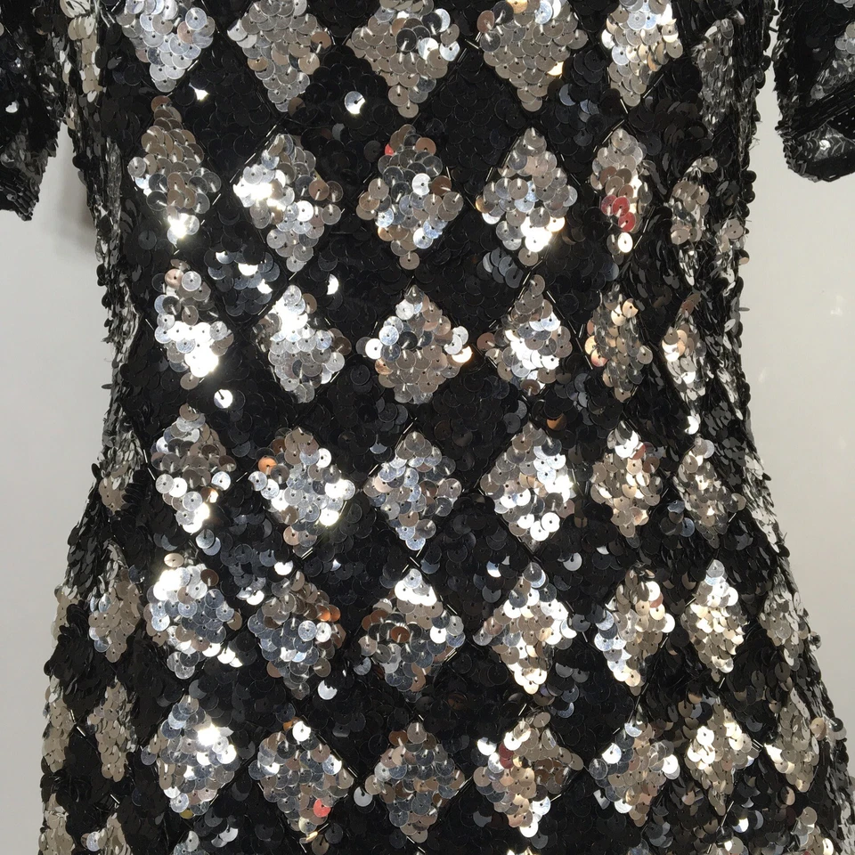 Vestido de fiesta vintage negro plateado lentejuelas 6 Nochevieja diamante a cuadros mini Foto 4 de 4