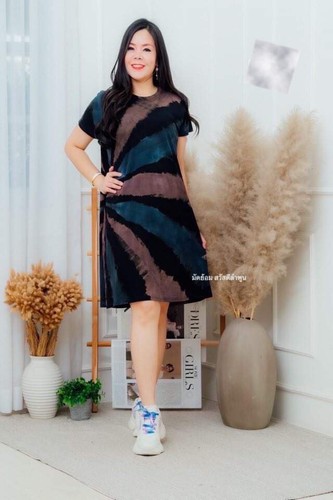 Women Short Dress Thai Handmade Tie dyed Multi Color Round Neck Short Sleeves - Picture 48 of 50