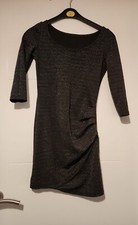 BLACK SILVER SPARKLY LONG SLEEVE SHORT STRETCH SIDE RUCHE PARTY EVENING DRESS XS