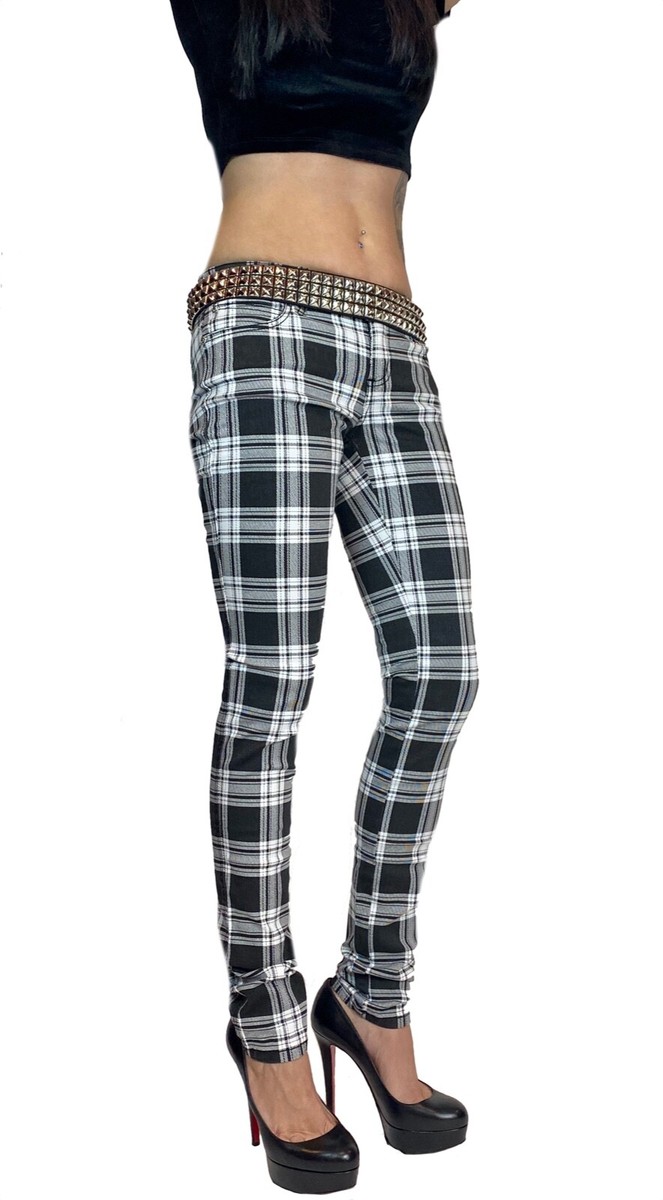 TRIPP BLACK WHITE PLAID 80S ROCK STAR SKINNY JEAN PANTS MOTO METAL PUNK  IS6235P