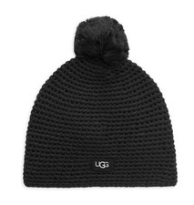 New Womens UGG Black Pom - Pom Knit Beanie Hat One Size