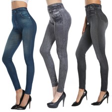 High Waist Womens Faux Denim Jean Leggings, Slim Stretch Pencil Skinny Jegging