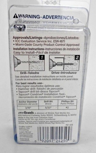 3/16" Flat Head Concrete Masonry Tapcon Anchor Screw (Choose Length) 25 pack - Picture 2 of 8