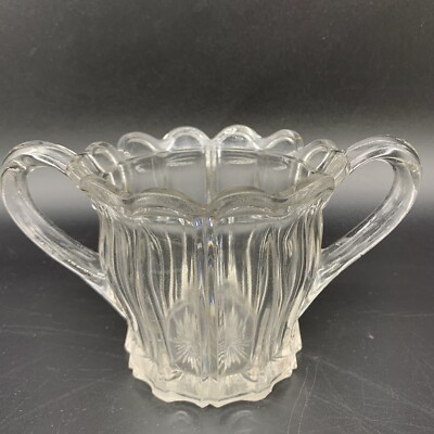 VTG Clear Near Cut Glass Panel Sugar Bowl w/ Scallop Rim & Starburst Bottom