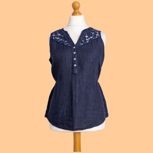BNWT Lina Tomei L/XL Navy Blue Sleeveless Lace Yoke Top w Back Ties 100% Linen - Picture 1 of 9