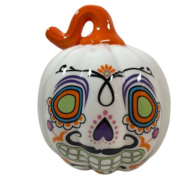 Day of The Dead Pumpkin Decor White Ceramic Skull /Orange Stem Halloween 7'' x 6''
