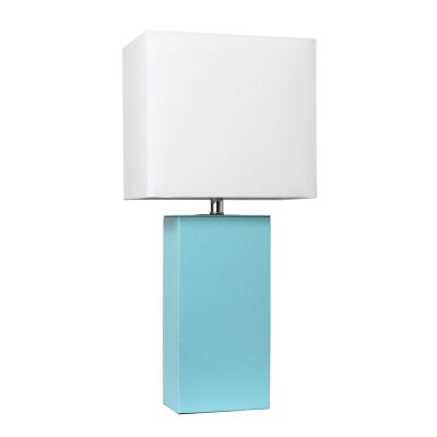 Modern Aqua Table Lamp Leather Wrapped Base White Rectangular Shade 21 Inches