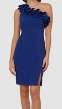 Adrianna Papell Women's Blue Metallic Ruffle One Shoulder Dress Size 16