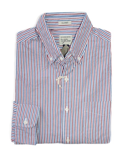 J Crew - Mens XL Classic Fit - NWT - Red/Blue Striped Secret Washed Cotton Shirt - Picture 2 of 3