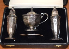 E VINERS Antique Sterling Silver Cruet Set ~ Salt Pepper Shakers Mustard Pot