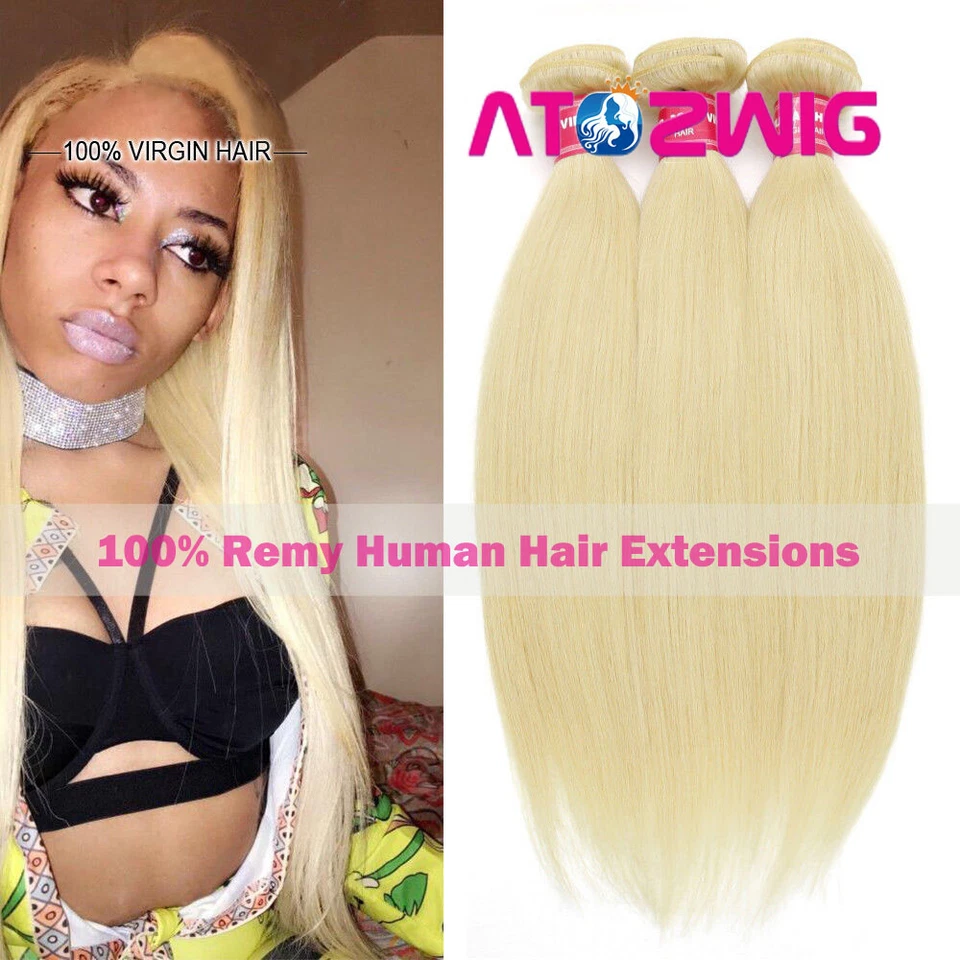 Paquete de 3 extensiones de cabello humano real Remy virgen onda recta trama rubia #613 Foto 3 de 4