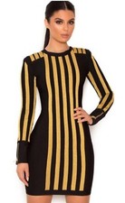 Woman HOUSE OF CB LONDON Black Gold Striped L/s Bondage Dress Sz Small Balthazar