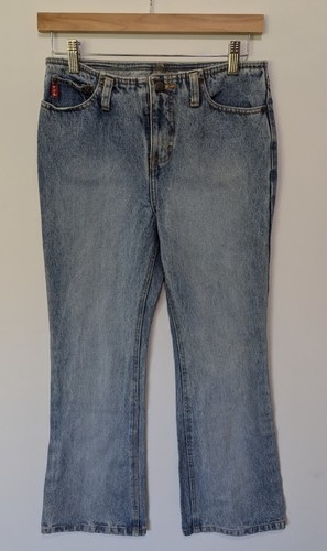 VTG Y2K Distressed Mudd Mid Rise Flare Denim Jeans Size 14 Hand Patch Wide Leg - Picture 2 of 15