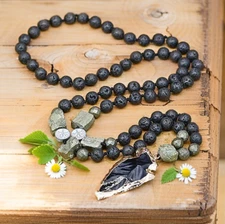 108 Mala Lava Rock Stone Obsidian Arrow Charm Amulet Meditation Healing Necklace