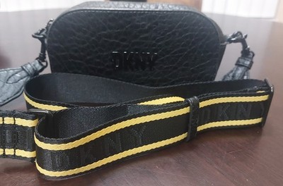 DKNY Black Pebbled Crossbody Bag with Yellow Adjustable Strap, Logo, Zip