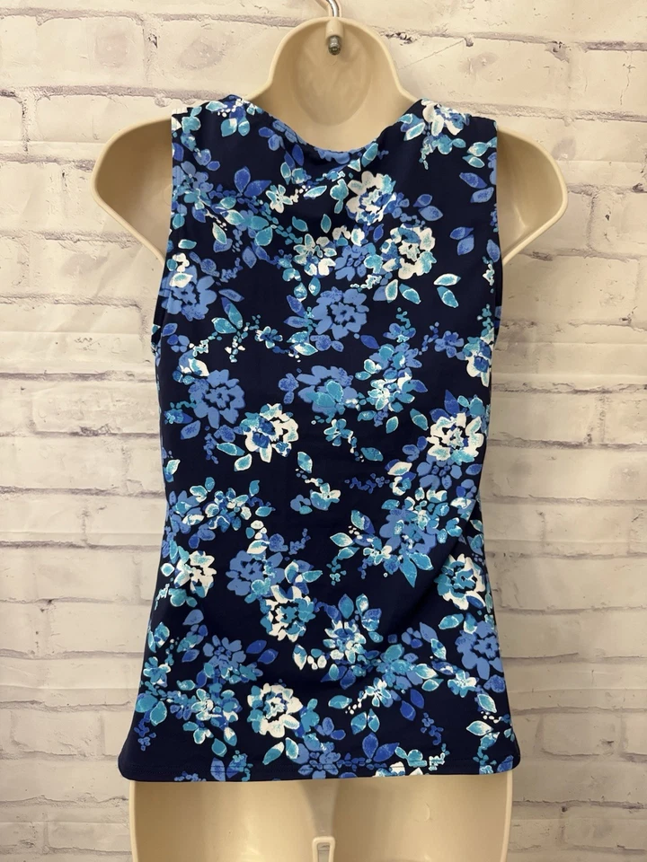 Traje de baño Tankini Lands’ End para mujer talla 6 cuello alto UPF modesto top azul floral Foto 3 de 4
