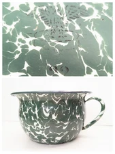 Vintage Graniteware Enamelware Chamber Pot Green & White Swirl With Eagle Mark