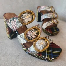 Kurt Geiger heeled mules 10 plaid Mayfair buckle chunky platform sandals new$245