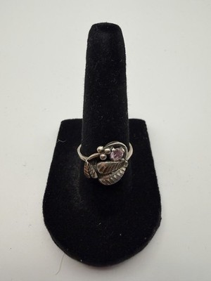 Vintage Sterlingsilber rosa Edelstein Blatt Ring-Floral Handwerk Design-Größe 6,5