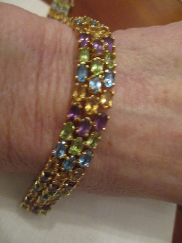 Vtg sterling silver gold vermeil multicolor 3 row gemstone tennis bracelet, 8" - Picture 8 of 8
