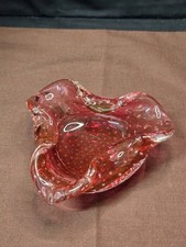 Vtg Murano Hand Blown Cranberry, Controlled Bubbles Art Glass Ashtray/Bowl E42N4