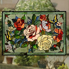Floral Tiffany Style Stained Glass Hanging Window Panel Rose Flower Design