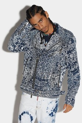 DSQUARED2 MEN'S NAVY PATTERNED BIKER JACKET MSRP $2250
