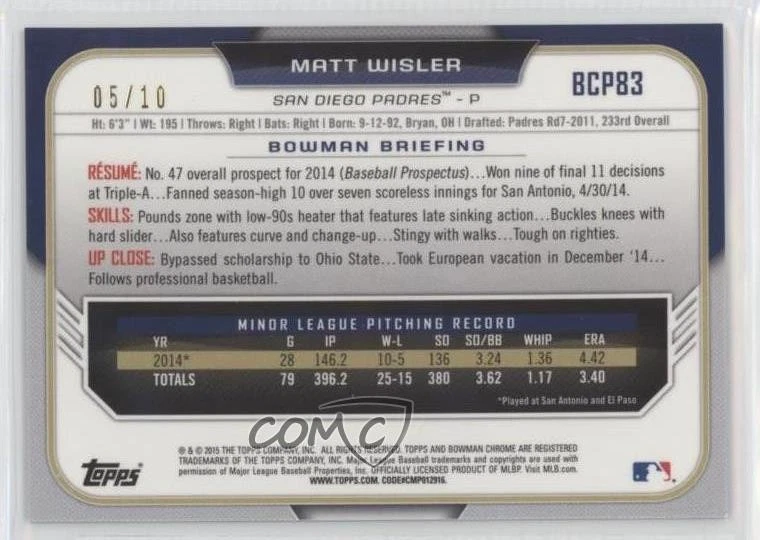 2015 Bowman Twitter Exclusive Blue Refractor /10 Matt Wisler #BCP83 Rookie RC - Image 2 of 2