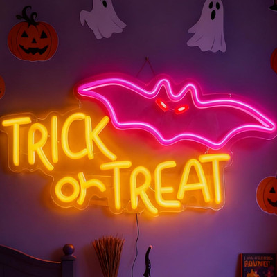 Trick or Treat Halloween Bat Neon Sign, Trick or Treat Accent USB Powered Decora