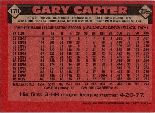 1986 Topps #170 Gary Carter - Bild 2 von 2