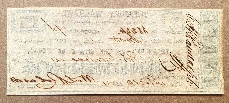 *SCARCE* $3 1864 TEXAS TREASURY WARRANT  "AUSTIN, TEXAS" CHOICE AU+++ - Image 2 of 2
