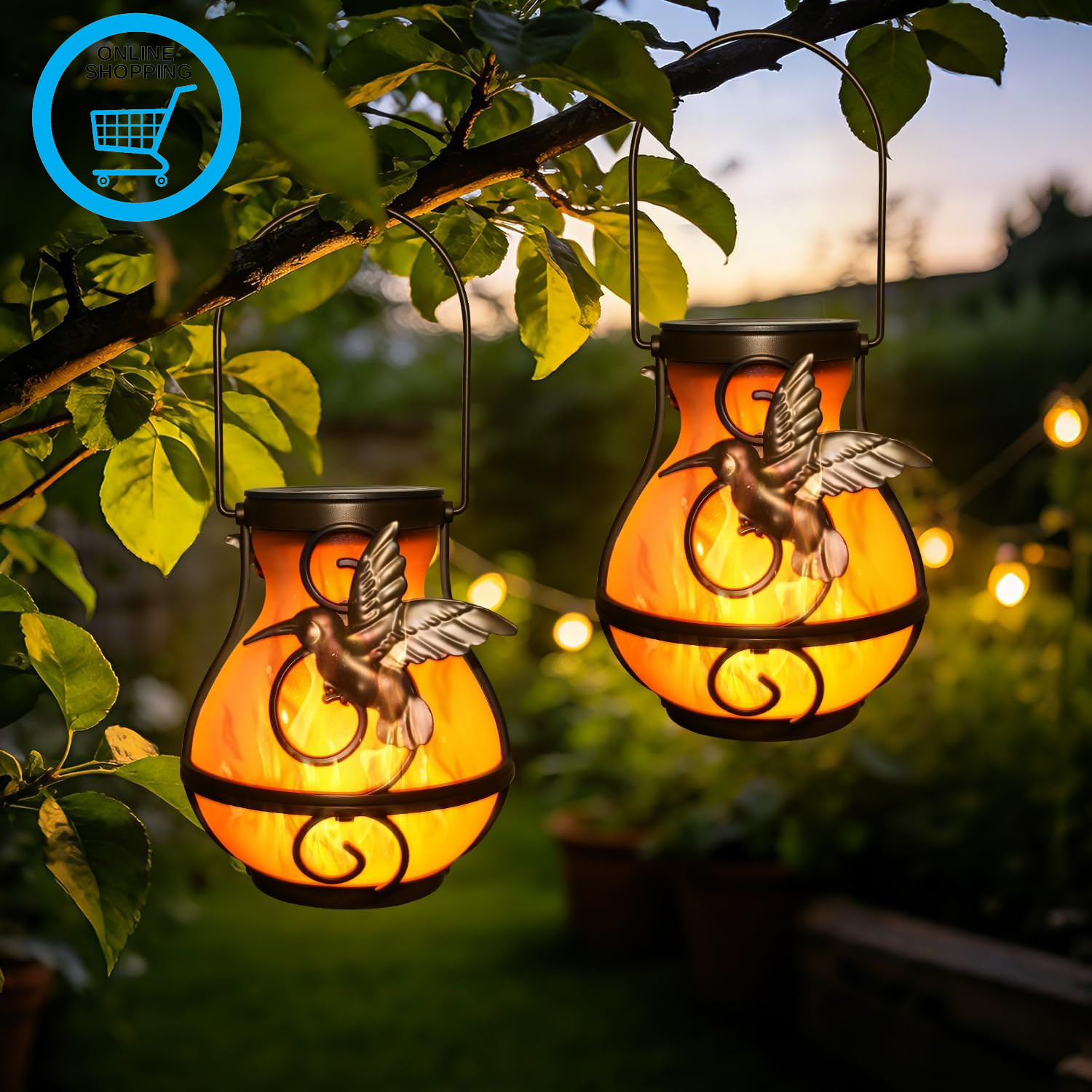2 Pack Solar Lights Outdoor Garden, Dancing Flame Outdoor Solar Hanging Lantern