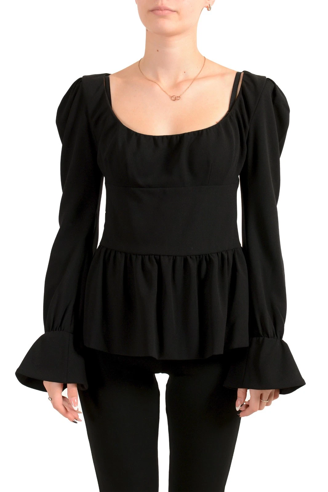 Tom Ford — Tom Ford Women's Black Wool Squared Neck Blouse Long Sleeve Top US XS IT 38