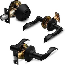 Adjustable Reversible Lever Handle  Single Cylinder Deadbolt Set - Black Finish
