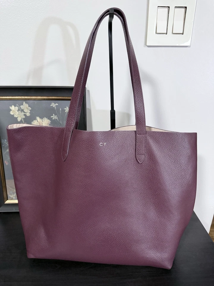 Cuyana Burgundy Purple Full Pebbled Leather Structured Tote Bag Open Top - Image 2 of 4