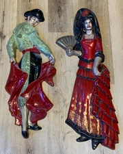 Vintage Mid Century Bullfighter Matador and Carmen Plaster Wall Hanging Figures