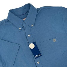 Huk Quiet Harbor Kona Solid Blue Button Up Fishing Shirt Mens Small Short Sleeve